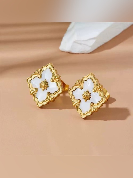 Jewelry - Gold & White Floral Statement Stud Earrings